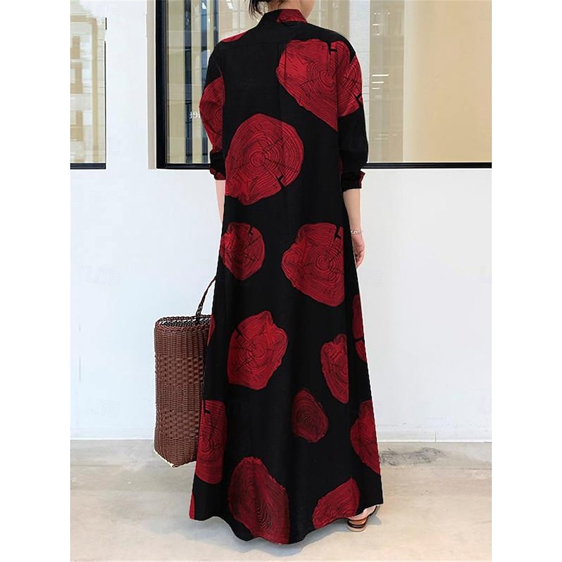 Women's Maxi Dress Shirt Dress Casual Dress Swing Dress Casual Daily Regular Fit Floral Long Sleeve Shirt Collar Black Yellow Red Spring Fall2