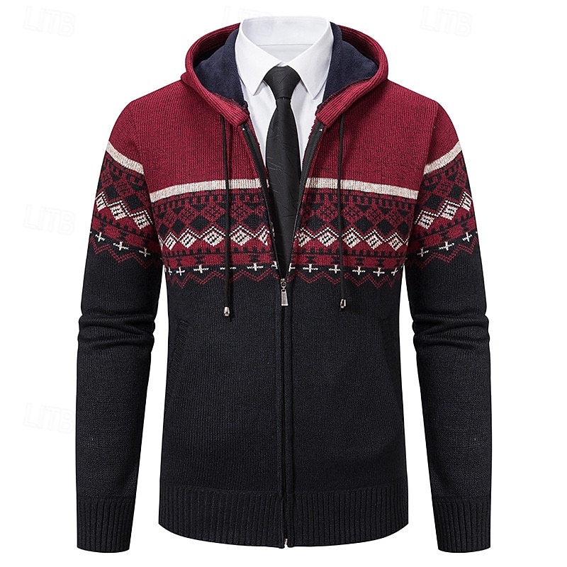Men's Ugly Christmas Sweater Cardigan Fair Isle Sweater Zip Sweater Chunky Knit Regular Tops Zipper Pocket Jacquard Hoodie Knitwear Elegant Christmas Home Clothing Apparel Bishop Sleeve Fall Winter3