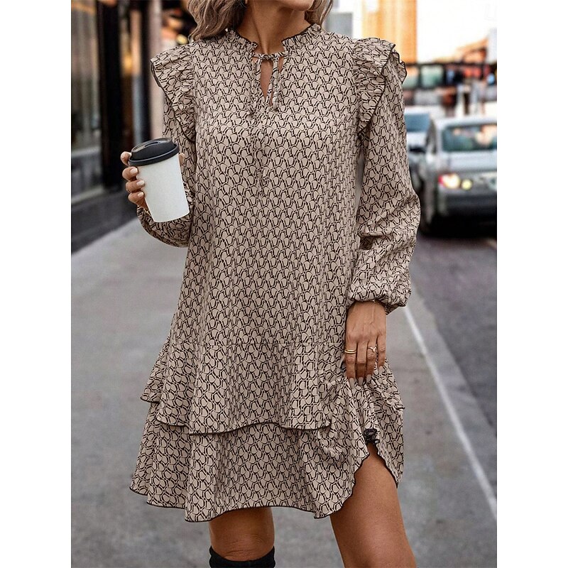 Women's Geometric Stand Collar Mini Dress Long Sleeve Spring Fall