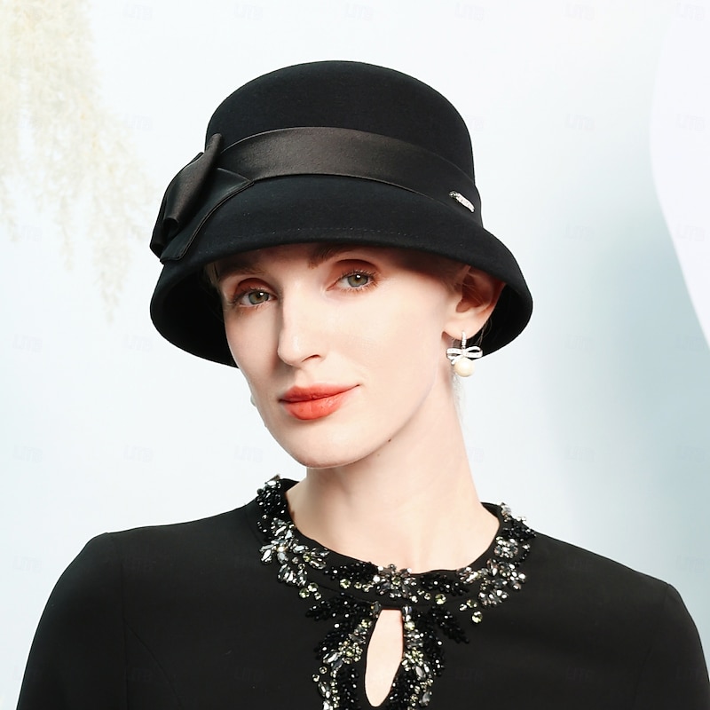 Hats 100% Wool Bowler / Cloche Hat Fedora Hat Wedding Tea Party Elegant Wedding With Bowknot Pure Color Headpiece Headwear3