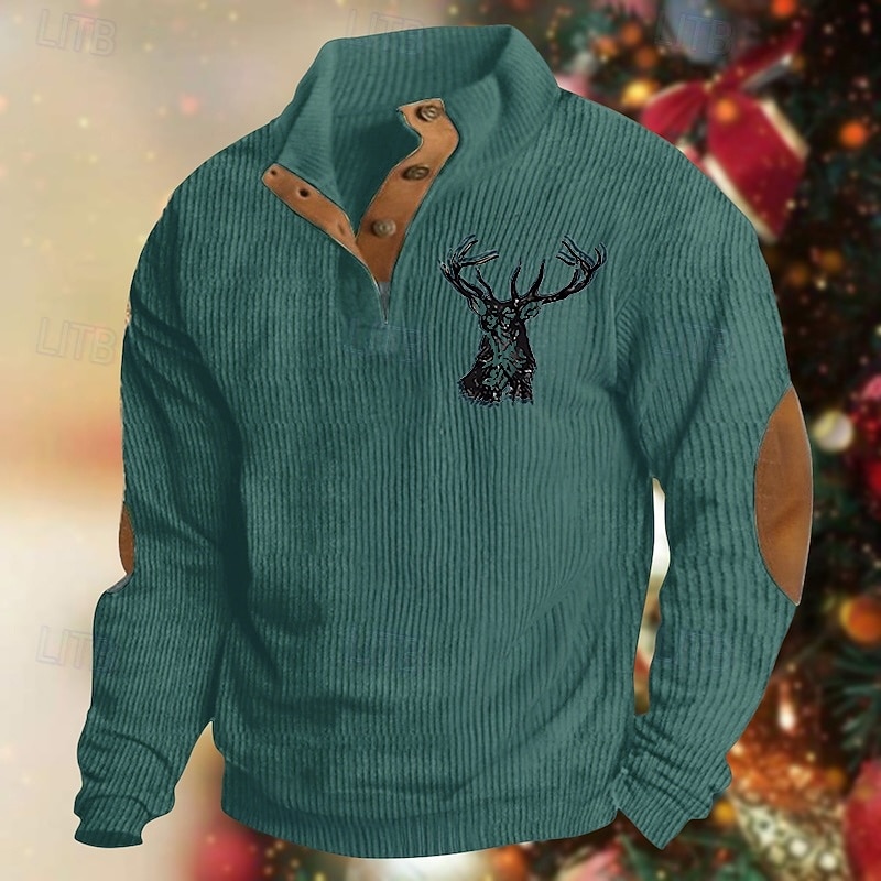 Men's Sweatshirt Black Green Khaki Gray Standing Collar Color Block Reindeer Patchwork Sports & Outdoor Daily Holiday Polyester Streetwear Basic Casual Spring &  Fall Clothing Apparel Hoodies