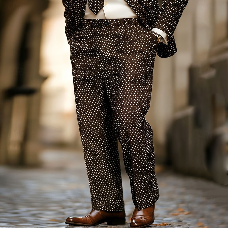 Men's Geometric Pattern Polka dots Dress Pants Mid Waist Business Casual Formal Wedding Dailywear Zipper Pocket Straight Leg Trousers Summer Spring Fall 3D Print Brown