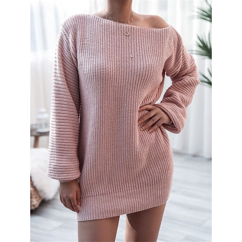 Women's Sweater Sweater Dress Casual Soft Pure Color Ribbed Off Shoulder Knitted Long Sleeve Long Tops Knit Outdoor Daily Weekend White Pink Fall Winter4