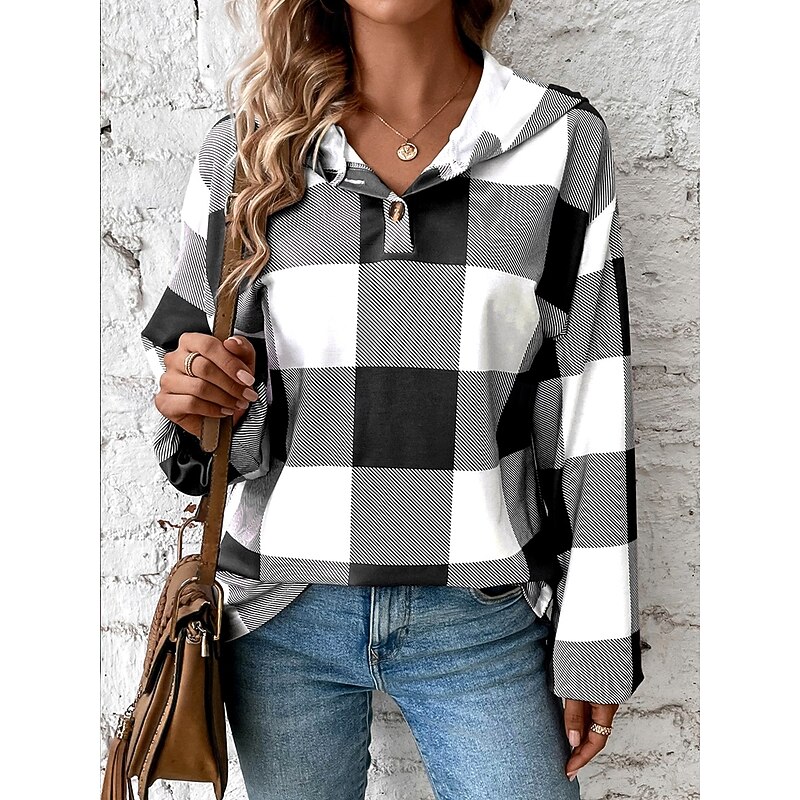 Women's Sweatshirt Casual Plaid Street Dailywear Hoodie Buttons Print Long Sleeve Black Khaki Fall Winter