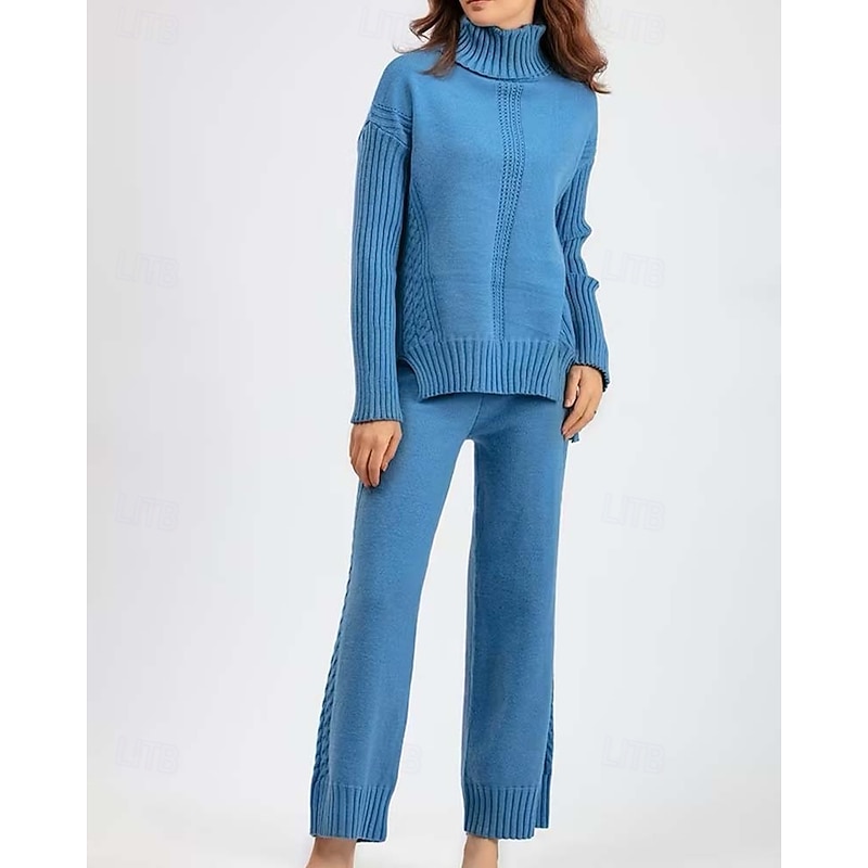 Turtleneck Sweater Co-ords Knitted Fall Winter Home Basic Casual Long Sleeve Solid Color Royal Blue Orange