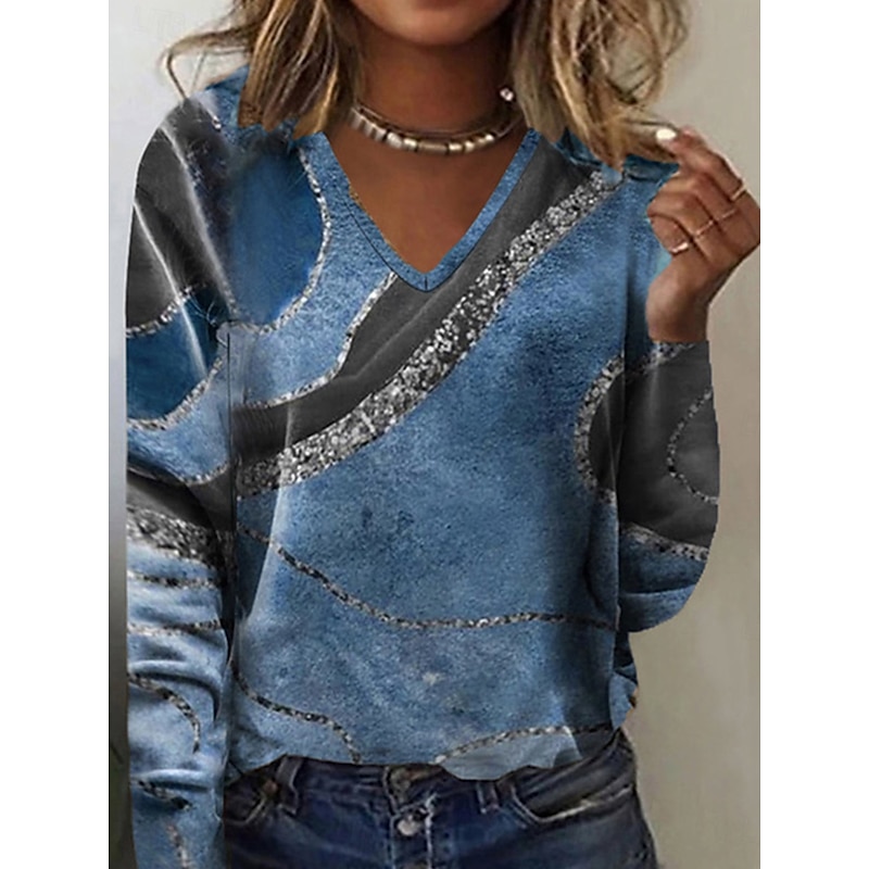 Women's T shirt Long Sleeve V Neck Long Sleeve Tunic Marble Fashion Modern Casual Regular Tops Daily Weekend Print Blue Green Khaki Fall Winter Prefall4