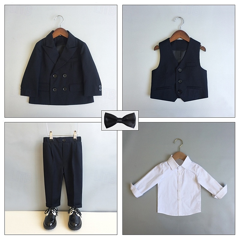 6 Pieces Ring Bearer Suit Boys Kids Suit Formal Suit Blazer & Vest & Pants & Brooch & Tie Shirt & Pants Formal Party Valentines Fashion Cool Stripe Pocket Black Polyester4