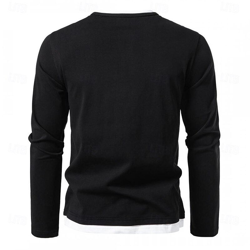 Men's T Shirt Tee Tee Top Long Sleeve Shirt Long Sleeve Crew Neck Spring &  Fall Plain Fashion Designer Basic Fake two piece Vacation Street Going out Dark Grey Black Light Green Top Tee for Men2