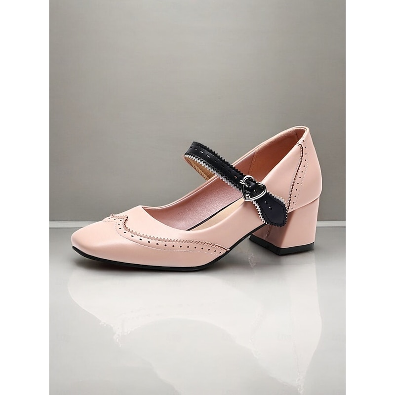 Women's Black Mary Jane Shoes with Heart Buckle Strap – Elegant Block Heel Dress Shoes for Parties and Special Occasions