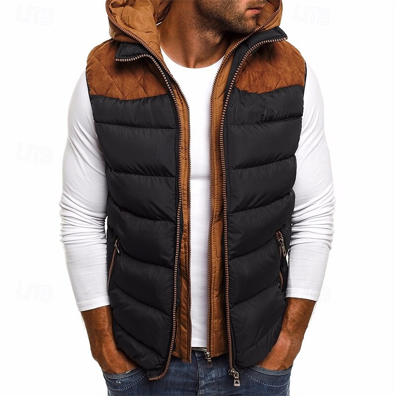 Men's Puffer Vest Vest Gilet Daily Date Vacation Fashion Casual Fall & Winter Pocket Cotton Blend Warm Comfortable Color Block Zipper Hooded Regular Fit Black Burgundy Navy Blue Army Green Vest3