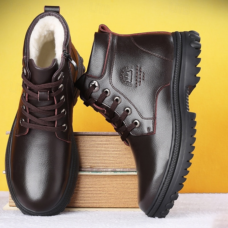 Men's Lace-Up Winter Ankle Boots with Faux Fur Lining, Non-Slip Rugged Sole, and Waterproof Leather Upper – Ideal for Outdoor Cold Weather Wear3