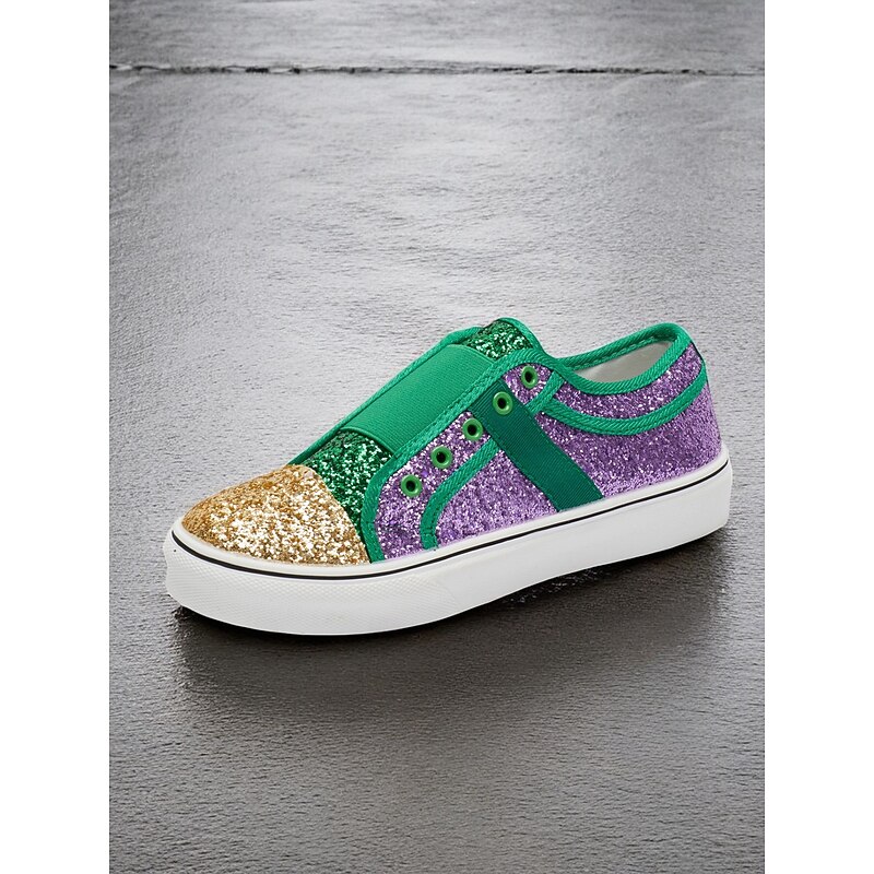 Women's Glitter Slip-On Sneakers – Sparkling Casual Shoes with Green, Purple, and Gold Accents for Bold Fashion Statements