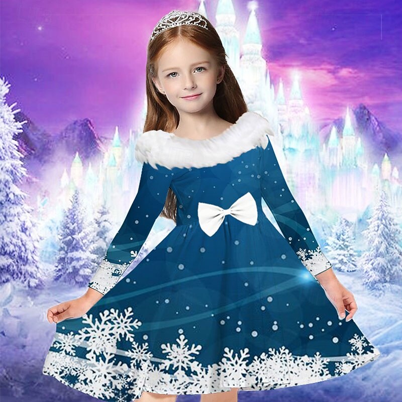Kids Girls' Dress Snowflake Long Sleeve Casual Fur Trim Crewneck Adorable Daily Polyester Above Knee Casual Dress Swing Dress A Line Dress Fall Winter 2-13 Years Navy Blue Blue Sky Blue3