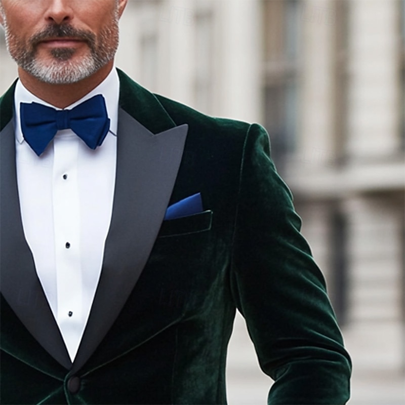 Men's Blazer Jacket Tuxedo Lapel Christmas Vintage Solid Colored Blazer Green Standard Fit2