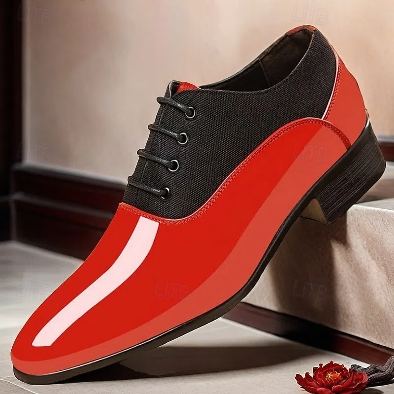 Men's Red Patent Leather Oxford Shoes – Modern Formal Design with Lace-Up Closure, Ideal for Business, Christmas Parties, and Special Occasions