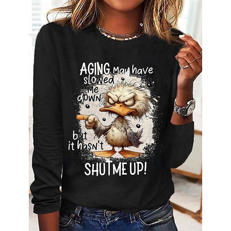 Women's T shirt Long Sleeve Animal Letter Casual Long Sleeve Round Neck Regular Tops Daily Weekend Print Black White Gray Fall Winter Prefall4