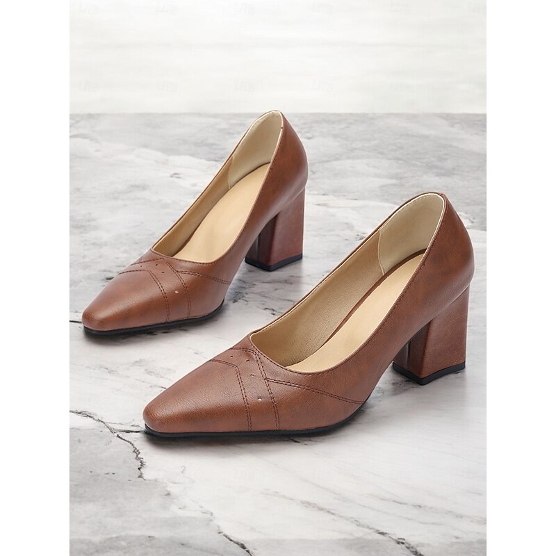 Women's Brown Block Heel Pumps – Retro Pointed-Toe Formal Shoes with Elegant Stitch Detailing for Office and Party Wear2