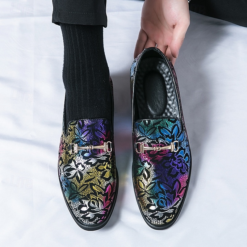Men's Multicolor Floral Pattern Loafers - Faux Leather Slip-On Shoes with Metal Buckle for Parties, Weddings, and Formal Occasions2