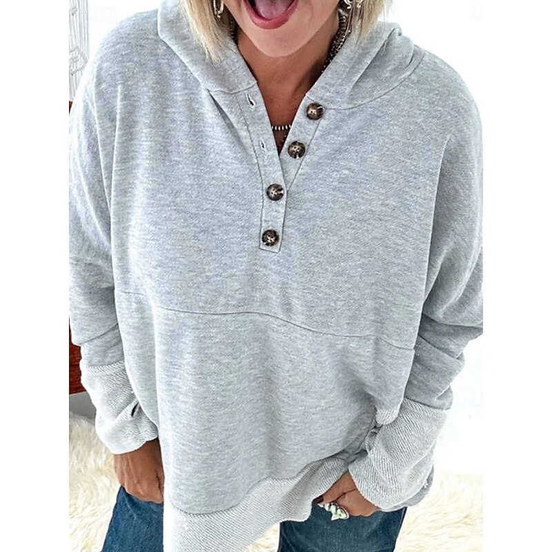 Women's Hoodie Sweatshirt Casual Plain Street Dailywear Hoodie Buttons Pocket Long Sleeve Red Light Grey Dark Gray Fall Winter