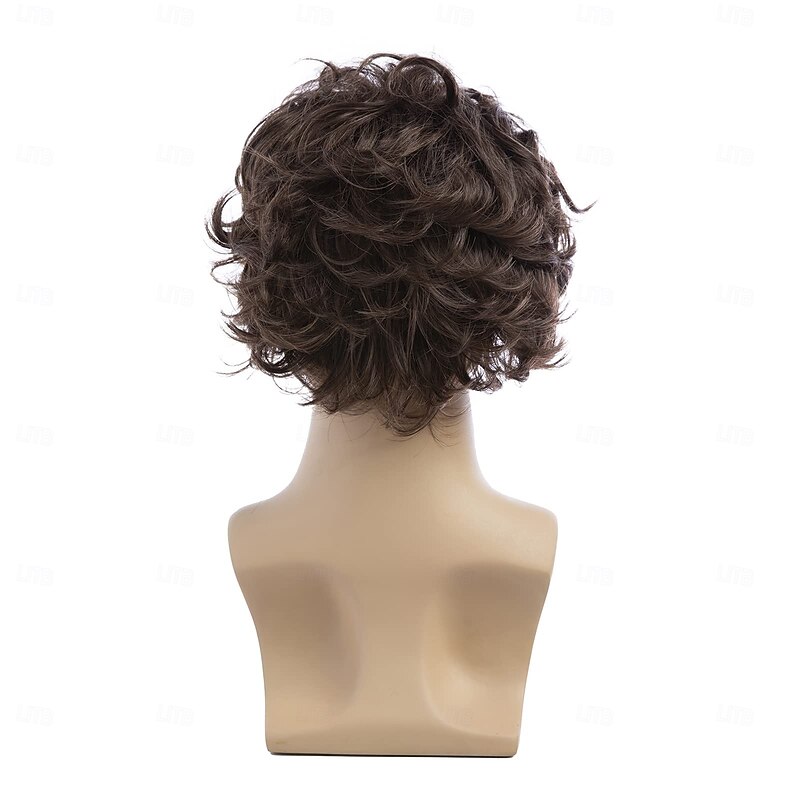Mens Curly Wig Brown Layered Short Wig Synthetic Halloween Cospaly Hair Wig4