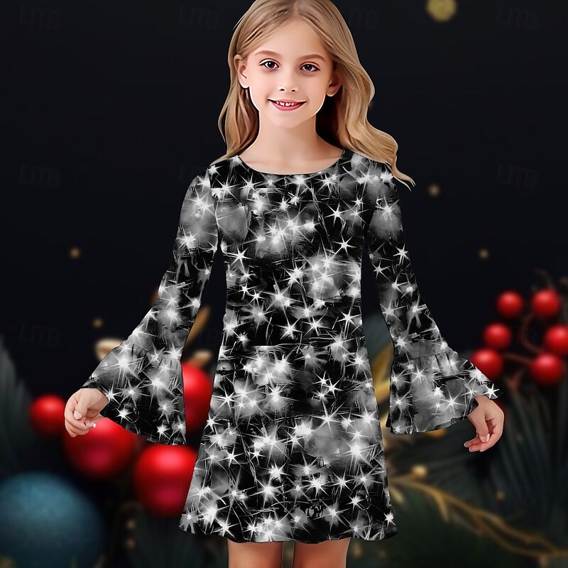 Christmas Girls' 3D Graphic Stars Christmas Dress Dress Ruffle Dress Long Sleeve Summer Spring Daily Holiday Vacation Beautiful Sweet Kids 4-12 Years Casual Dress Knee-length Polyester Regular Fit4