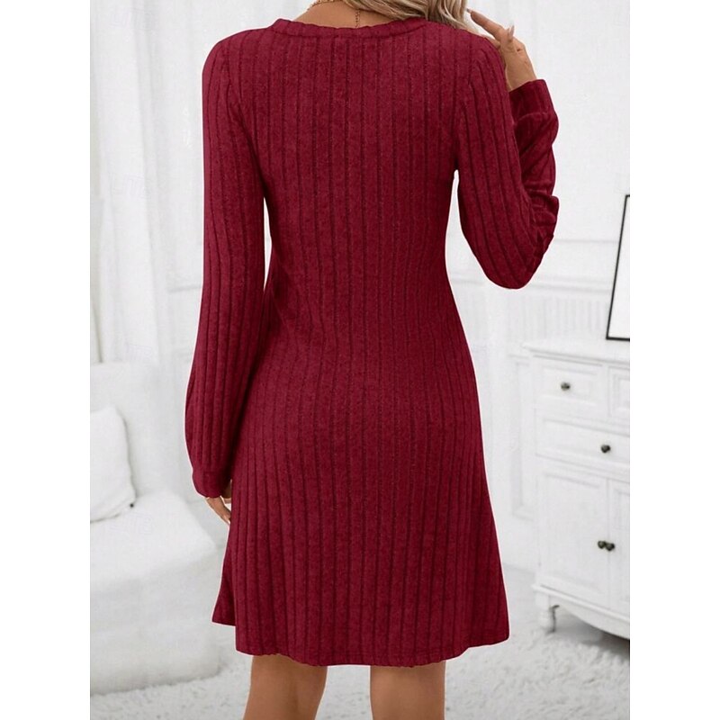 Women's Sweater Dress Mini Dress Patchwork Casual V Neck Long Sleeve Black Wine Color2