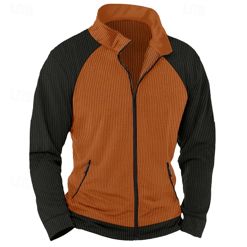 Men's Waffle T-shirt T Shirt Tee Top Long Sleeve Shirt Long Sleeve Banded Collar Spring &  Fall Color Block Daily Casual Street Style Zipper Pocket Outdoor Street Causal White Gray Orange Top Tee for