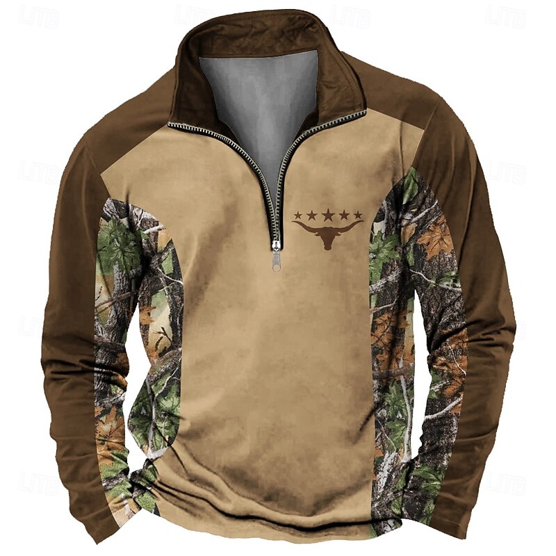 Men's Cowboy Zip Polo Shirts Long Sleeve Polo Shirts Collared Shirts Vintage Casual Outdoor Street Dailywear 3D Print Spring Fall & Winter Brown