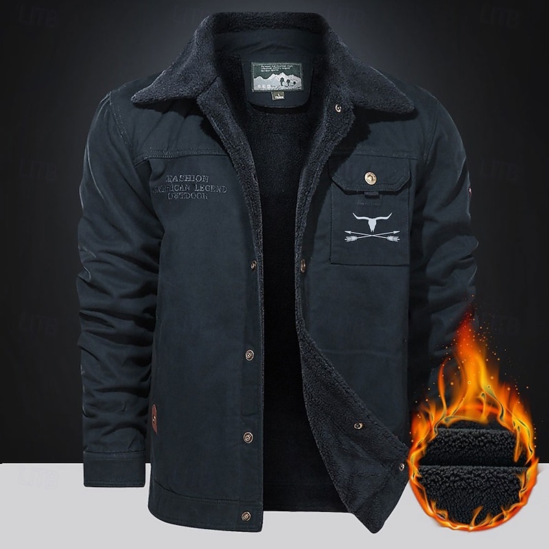 Men's Cow Print Embroidered Fleece Jacket Sherpa Trucker Jacket Work Cargo Jacket Turn-Down Collar Warm Winter Cotton Jacket Vintage Casual Going Out Coat Multi-Pockets3