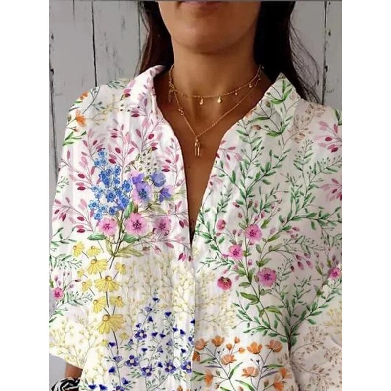 Women's Shirt Blouse Floral Casual 3/4 Length Sleeve Shirt Collar Regular Tops Daily Patchwork Buttons White Green Fall Winter2