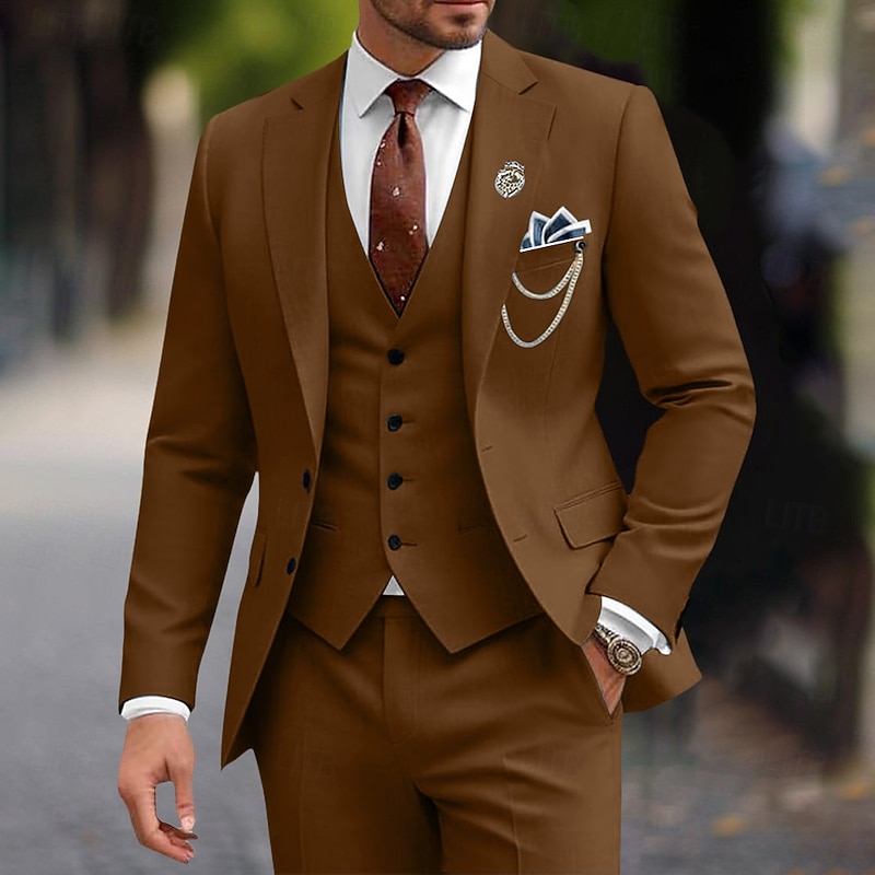 Men's Wedding Party Evening Wear Suits Black Burgundy Business Formal Solid Colored Standard Fit 3 Piece Single Breasted Two-buttons - Main Image