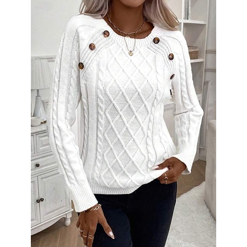 Women's Sweater Casual Soft Pure Color Cable Crew Neck Buttons Knitted Long Sleeve Regular Tops Knit Outdoor Daily Weekend Black White Fall Winter3