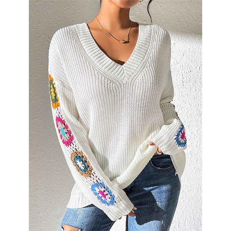 Women's Sweater Casual Soft Floral Crochet V Neck Knitted Long Sleeve Regular Tops Knit Outdoor Daily Weekend Black White Fall Winter