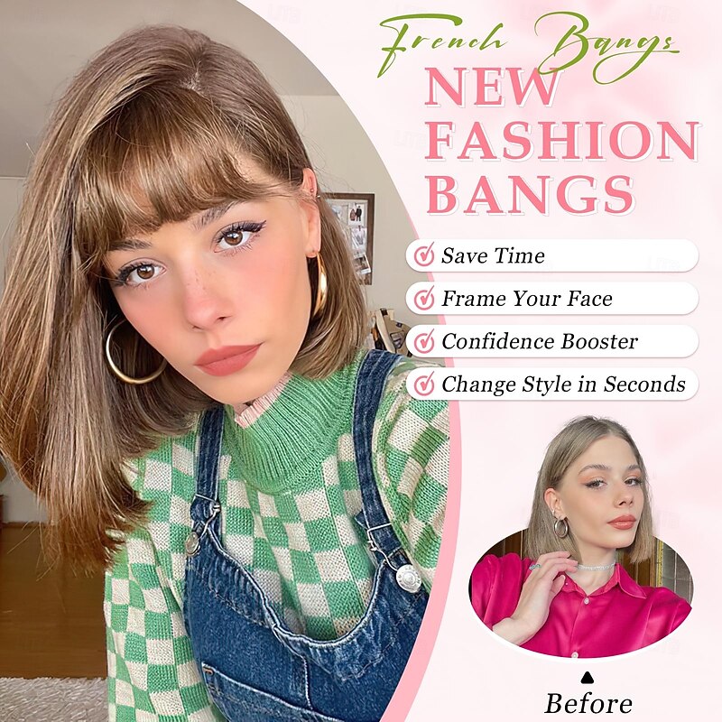 Bangs Hair Clip in Bangs, Fake Bangs Hair Clip French Bangs Hair Clip on Bangs For Women Clip Faux Bangs Fringe With Temples Hairpieces Curved Bangs For Daily Wear3