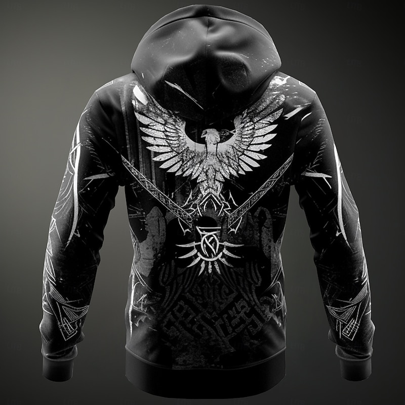 Men's Viking Warrior Viking Hoodies Fashion Cool Long Sleeve Hooded Vacation Going out Streetwear Black Drawstring Zipper Fall Winter Designer2