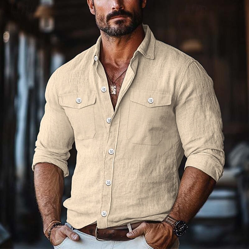 Men's Shirt Linen Shirt Summer Shirt Button Up Shirt Solid Color Vacation Street White Green Khaki Light Blue Long Sleeve Collar Clothing Apparel Pocket2