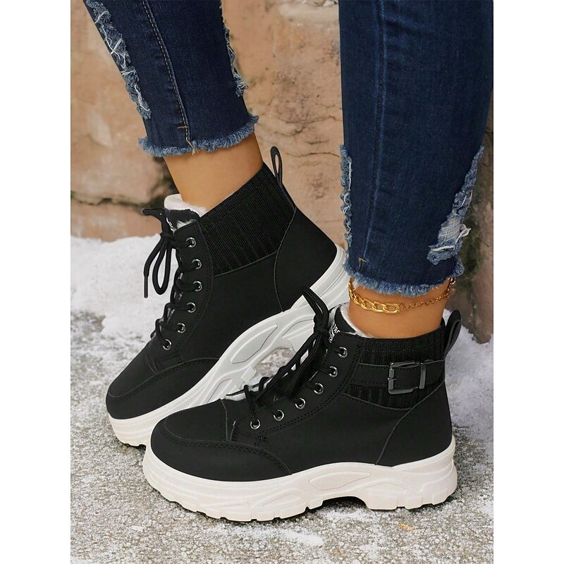 Women's Winter High-Top Sneakers with Fur Lining – Warm Lace-Up Ankle Boots with Chunky Sole and Buckle Detail for Casual Outdoor Wear