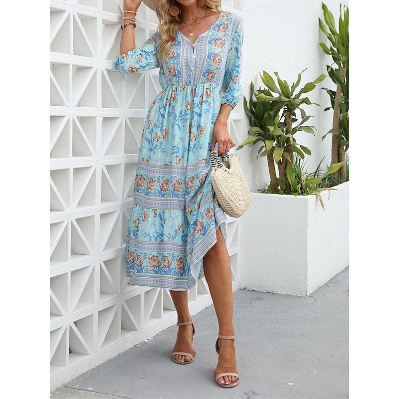 Women's Midi Dress Casual Dress Swing Dress A Line Dress Boho Dress Casual Daily Regular Fit Floral 3/4 Length Sleeve V Neck Pink Blue Apricot Summer Spring Fall3