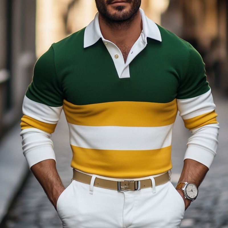 Men's Color Block Stripes Rugby Polo Shirts Long Sleeve Polo Shirts Lapel Classic Fashion 3D Print Modern Casual Sports Stripe Fall Winter Blue Green
