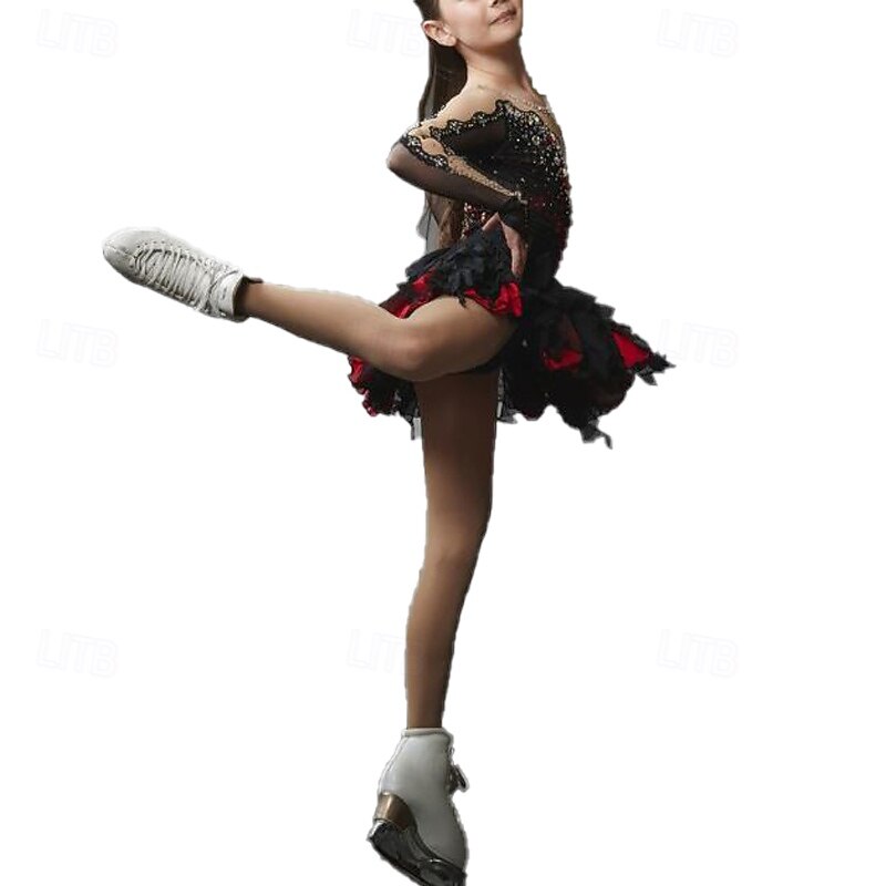 Figure Skating Dress Women's Girls' Ice Skating Dress Black Patchwork Thumbhole Mesh Spandex Stretchy Training Practice Professional Skating Wear Thermal Warm Crystal / Rhinestone Long Sleeve Ice3