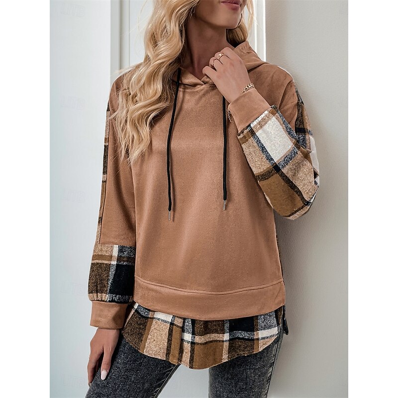 Women's Hoodie Sweatshirt Casual Plaid Street Dailywear Hoodie Patchwork Print Long Sleeve Brown Fall Winter