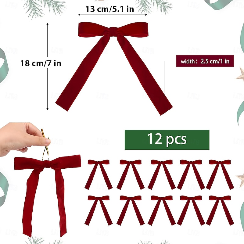 12pcs Red Velvet Christmas Bows for Tree, Wreath, Garland Decorations Vintage Velvet Bows with Gold Twist Ties for Holiday Crafts, Gift Wrapping2