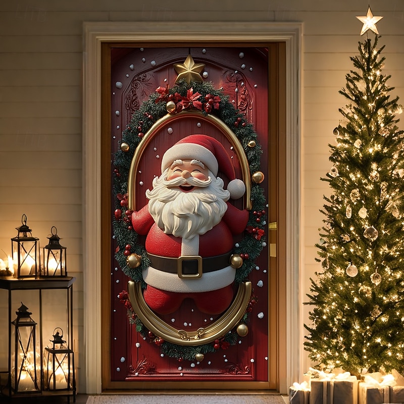 Christmas Door Decorations Door Covers Wreath Xmas Santa Jingle Bell Door Tapestry Door Curtain Decoration Backdrop Indoor/Outdoor Door Banner for Front Door Farmhouse4