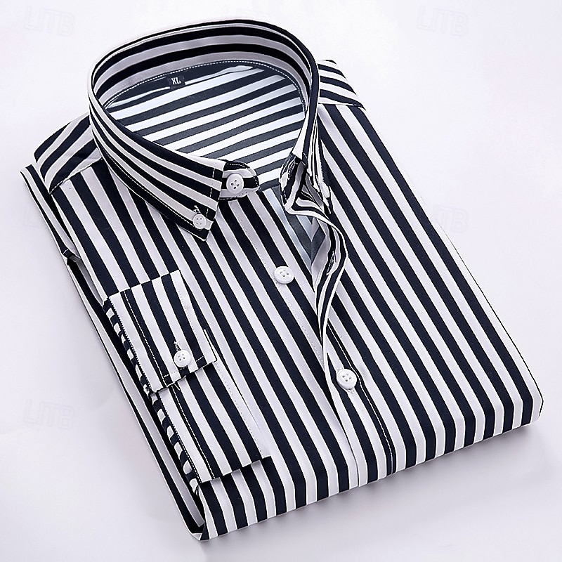 Men's Dress Shirt Button Down Shirt Striped Shirt Collared Shirt Wedding Work Black White Red Navy Blue Long Sleeve Collar Clothing Apparel