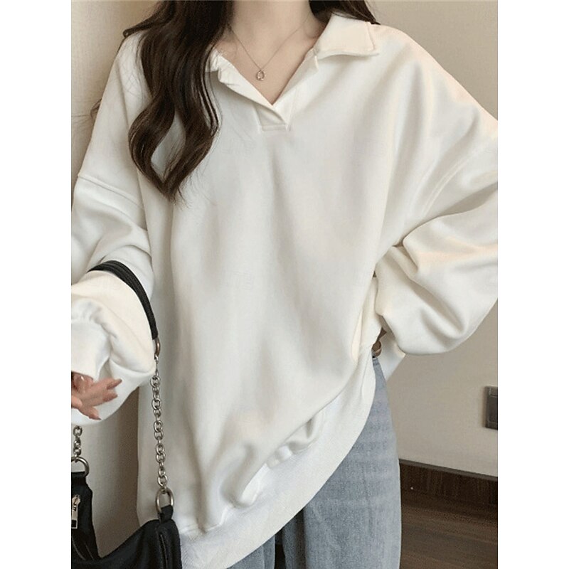 Women's Sweatshirt Casual Plain Street Dailywear V Neck Long Sleeve Black White Coffee Fall Winter3