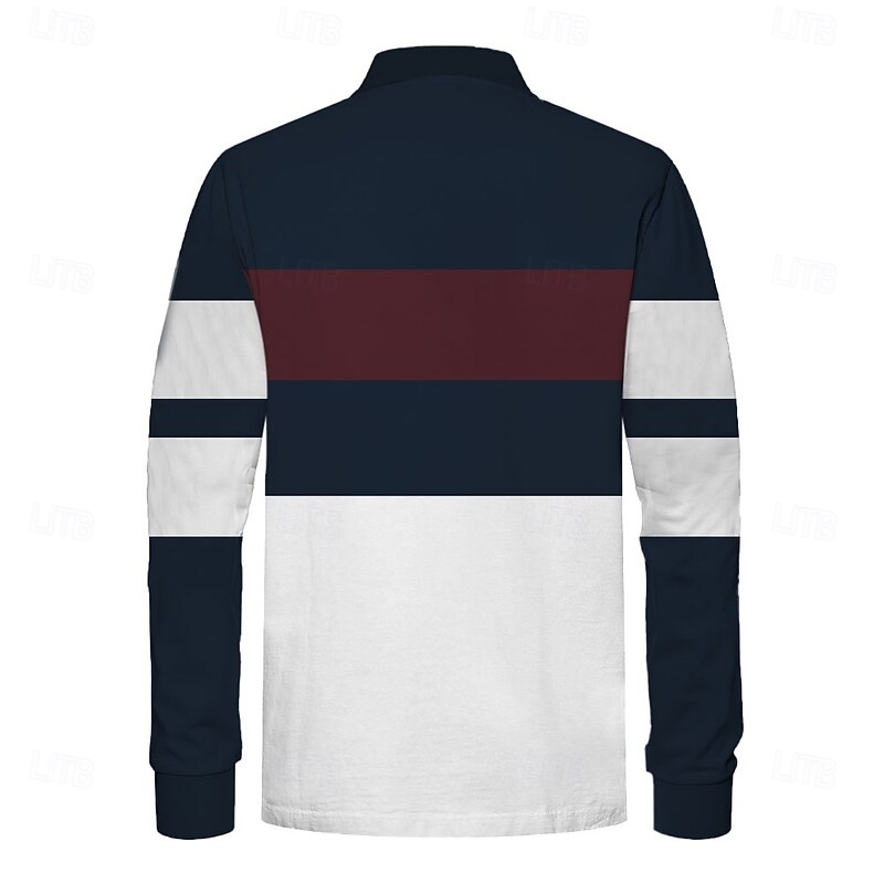 Men's Stripe Rugby Polo Shirts Long Sleeve Polo Shirts Collared Shirts Business Casual Outdoor Office Dailywear Buttons 3D Print Spring Fall Winter Ink Blue2