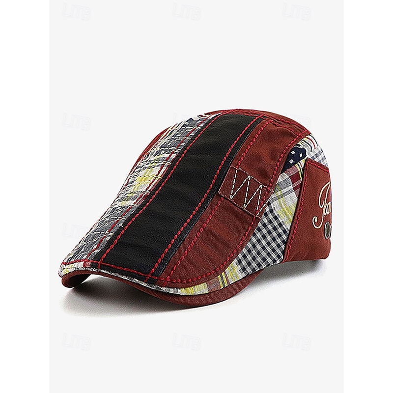 Men's Patchwork Plaid Flat Cap – Retro Newsboy Style Hat with Embroidered Details