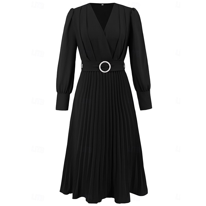 Women's Casual Dress Midi Dress Belted Casual V Neck Long Sleeve Black Green Color2