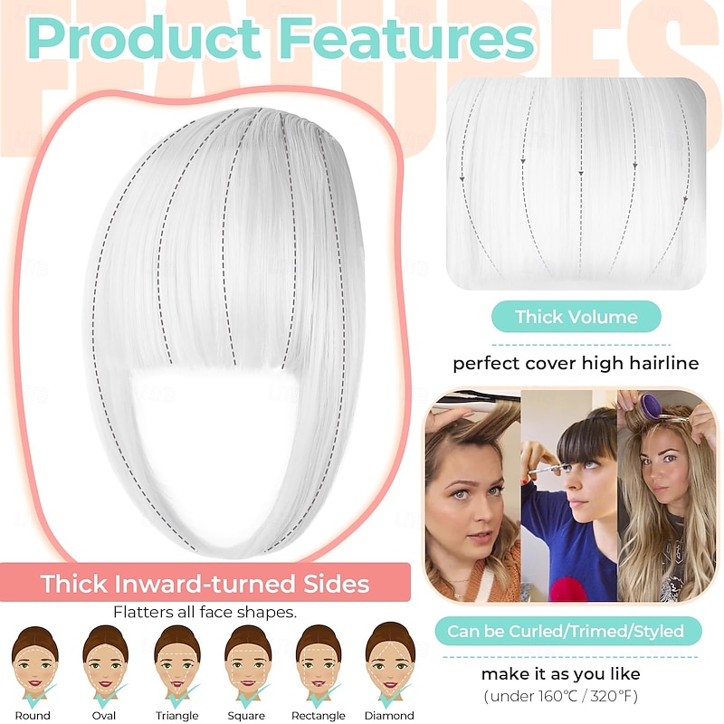 Clip in Bangs, Synthetic French Bangs Hair Clip, Fake Bangs Fringe with Temples Hairpieces for Women Natural Curved Bangs Clip in Hair Extensions for Daily Wear3