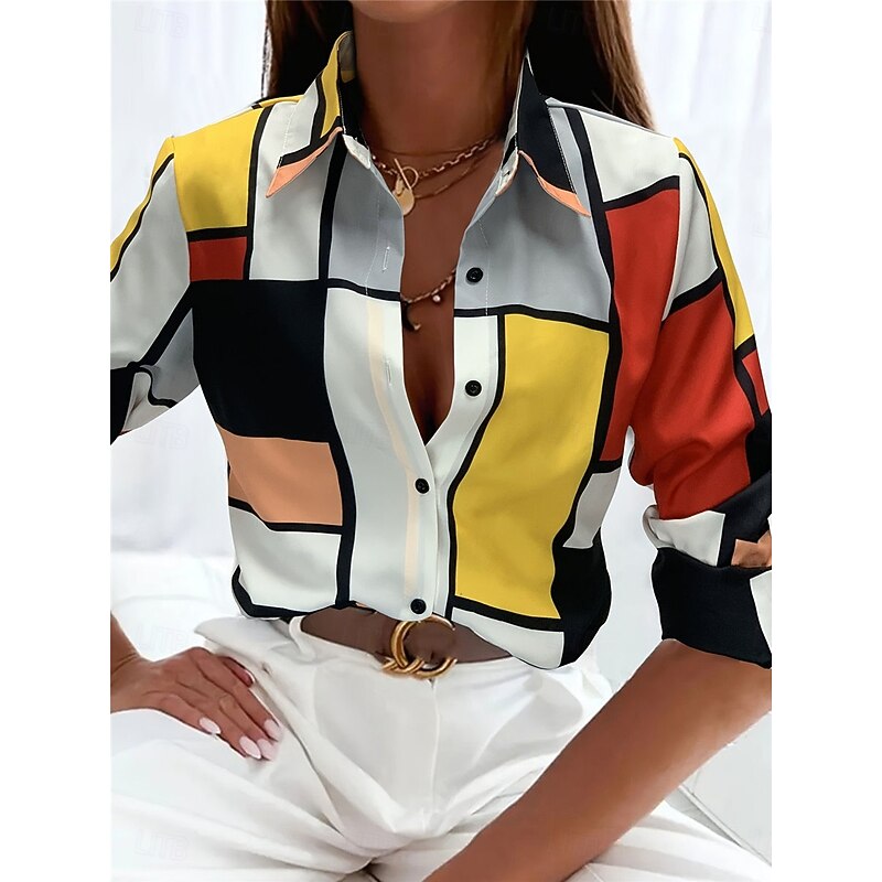 Women's Shirt Button Down Tunic Shirt Collar Long Sleeve Plaid Casual Regular Tops Work Daily s Print Yellow Spring Fall Winter